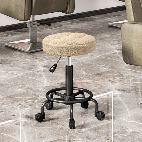 Sgabello rotondo girevole con ruote, altezza regolabile 50-66 cm, seduta rivestita in tessuto di montone marrone. (1/5)