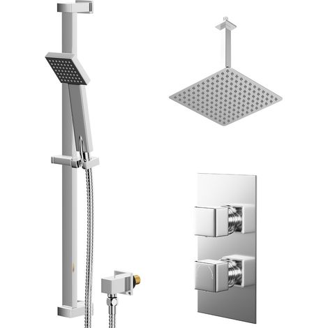 Cubix Polished Chrome Concealed Twin Thermostatic Shower Valve with Diverter and 300mm Square Head with 300mm Ceiling Arm and Thames Slide Rail Kit - 2 Outlet (1/5)