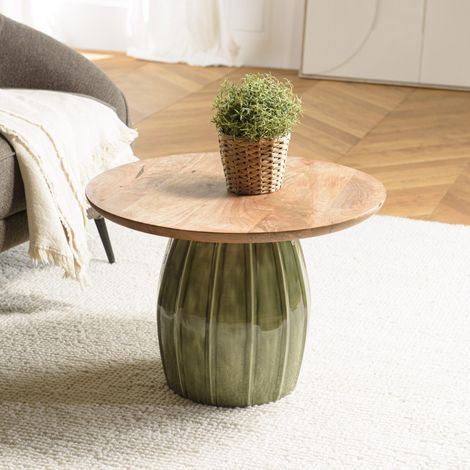JAMES - Table basse 60x60cm plateau en manguier pied en émail vert JAMES