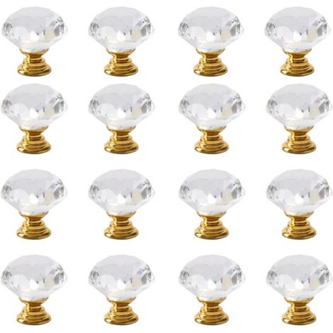 Poignées de tiroir en verre en forme de losange - 10 pièces - 30 mm - Alliage d'aluminium - Avec vis - Base dorée brillante - Bouton de porte d'armoire pour meubles ou armoires de cuisine (1/4)