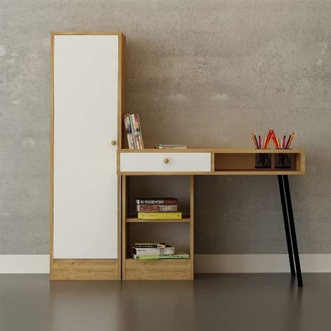 Armoire Intégrée, Étagère, Porte-Stylos-pour Bureau, Studio, Chambre-Chêne, Blanc, Noir en Bois, Métal, 100 x 60 x 140cm, Penneau de Particules FLY171022 (1/5)