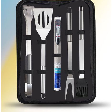 Ensemble de 5 pièces avec thermomètre, ensemble d'ustensiles pour barbecue, sac de transport en acier inoxydable, accessoires pour barbecue, Camping
