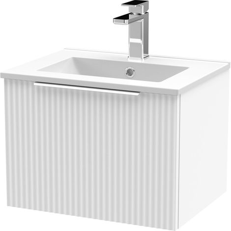 Tixall Fluted 1 Drawer Wall Hung Vanity Unit with Minimalist Basin, Satin White, 500mm