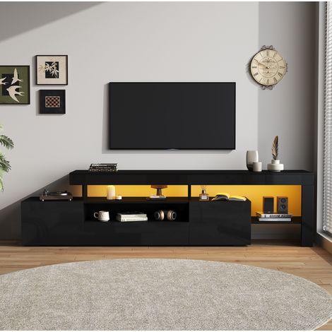 Meuble TV 192 x 37 x 53 cm avec 3 portes, LED, finition brillante, noir, OKWISH (1/5)