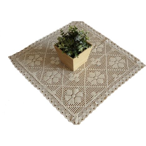 Tapete cuadrado de encaje beige 60x60, tejido a crochet natural (1/5)