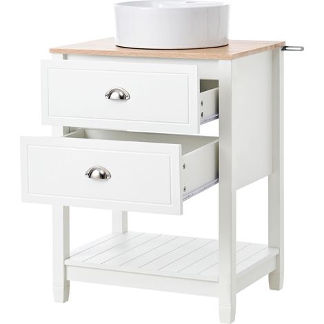 Mobile bagno con lavabo in ceramica rotondo, 2 cassetti e ripiano, bianco e legno HOMVRA (1/5)
