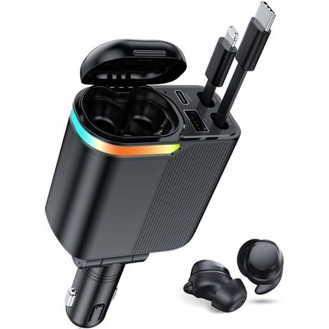 Allume Cigare USB C avec Écouteurs Bluetooth, 4 en 1 Rétractable Chargeur Voiture Charge Rapide 120W, Adaptateur Allume Cigare pour iPhone 16 15 14 Pro Max Samsung Android