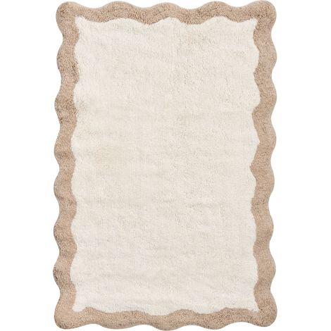 Bath Mat Beige and Brown Cotton 60 x 90 cm Rectangular Shape Geometric Pattern Fluffy Bath Rug Bathroom Accessories Modern Design NANGAL (1/5)