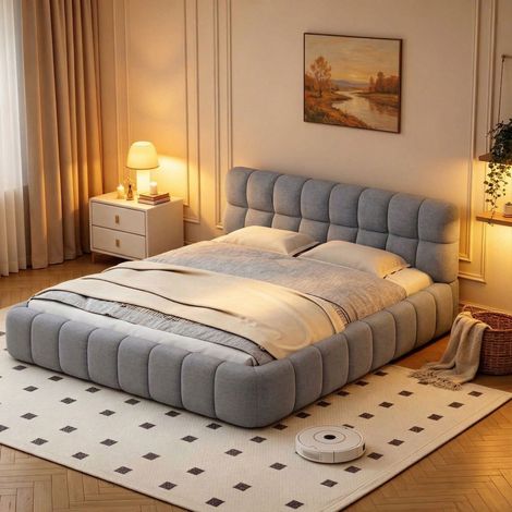 Letto imbottito 140x190 cm grigio in tessuto lino, letto matrimoniale moderno con rete a doghe e testiera morbida