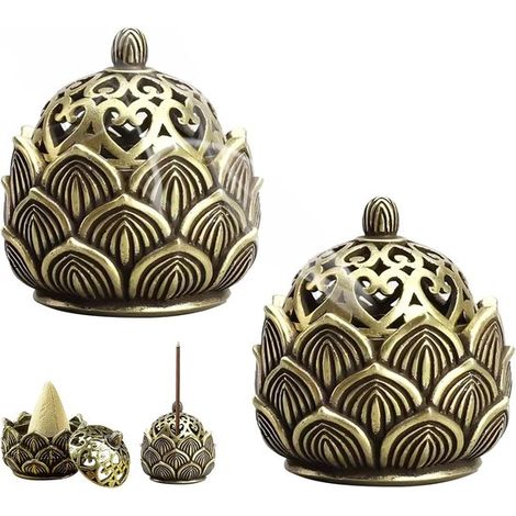 Bruciatore di incenso Lotus, vintage, in metallo, portatile, per bastoncini di incenso, ideale per casa, ufficio o bar, 2 pezzi, bronzo. (1/5)