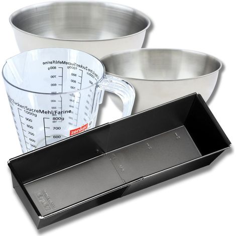 Set pâtisserie avec grand moule à cake extensible, 2 bols à mixer, verre mesureur et spatule Zenker (1/5)