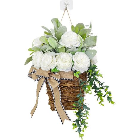 [Corona decorativa] Cesta de flores artificiales con forma de oreja de oveja, pétalos de peonía blanca, 35 cm x 25 cm, colgador de puerta con resorte. (1/5)
