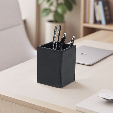 DEHOBO Pot à crayons carré en simili‑cuir, organiseur de bureau, rangement de bureau design simple pour étudiants et bureau (1/2)
