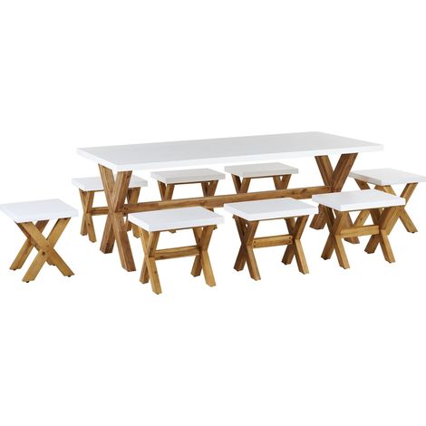 Set de Jardin 8 Places Table et 8 Bancs en Fibre-Ciment et Bois d'Acacia Blanc et Bois Clair Olbia