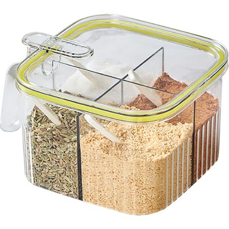 Transparente Gewürzbox mit 4 Fächern, Deckel und Löffel – Grüner Küchenorganizer (1/5)