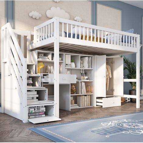 Bett Kinder multifunktional weiß 90x200 cm aus Massivholz mit Schreibtisch, Treppe und Stauraum (1/5)