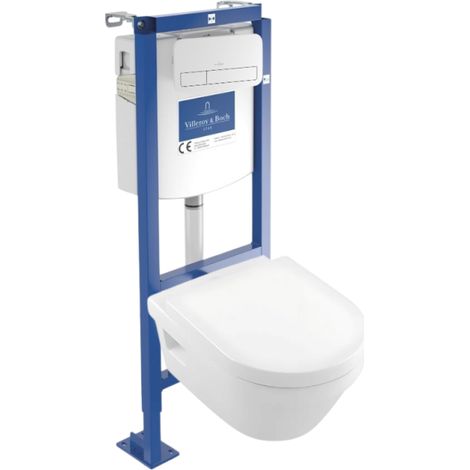 Villeroy & Boch – Pack WC suspendu sans bride – Cuvette Directflush sans recoins – Abattant frein de chute SoftClosing – Bâti-support autoportant en acier (1/5)