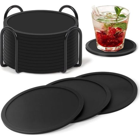 Juego de 12 posavasos de cristal, posavasos redondos de silicona para vasos, posavasos negros antideslizantes y aislantes soportes almacenamiento (1/5)