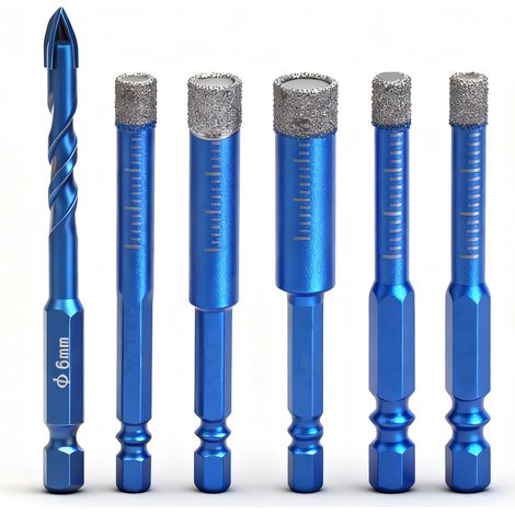 6 Stück Diamantbohrer Fliesenbohrer Set, 6, 8, 10, 12mm &amp Hartmetallbohrer, Glasbohrer Set Granitbohrer Diamantbohrer Fliesen, Fließenbohrerset Feinsteinzeug Bohrer für Keramik, Fliesen, Glas, Gran (1/5)