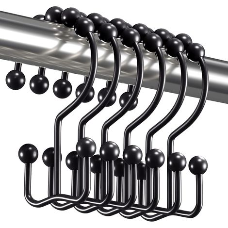 Anneaux de fixation noirs pour rideau de douche, crochets de douche doubles coulissants en métal antirouille pour barres et rideaux de douche, lot de 12 crochets - Noir mat (1/5)