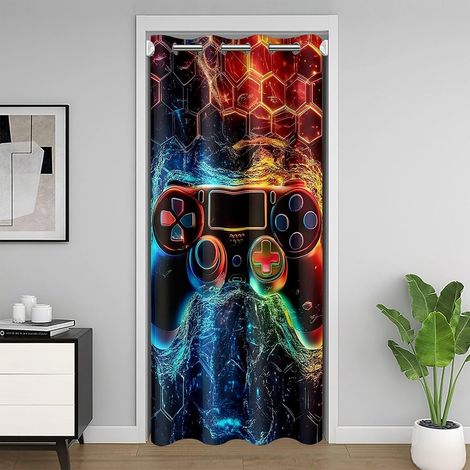 Rideau Gamer pour la vie privée - Console de jeu moderne - Rideau de porte pour salon - Décoration néon - Honeycomb - Hexagone - 1 panneau - 150 x 203 cm - 150L X 203H cm (1 Panneaux) (1/5)