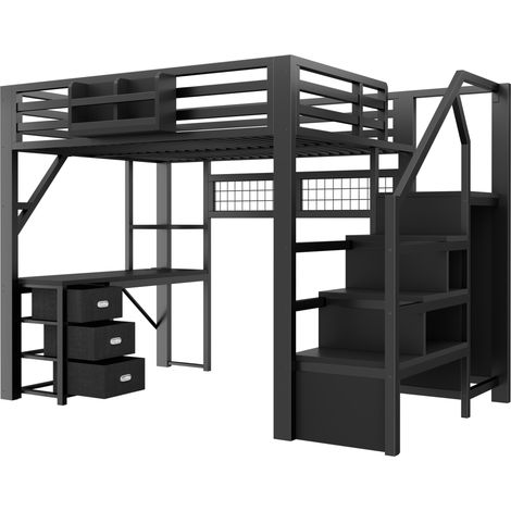 Letto a soppalco 140 x 200 cm in metallo nero con scrivania, ripiani, armadio e LED HOMVRA (1/5)