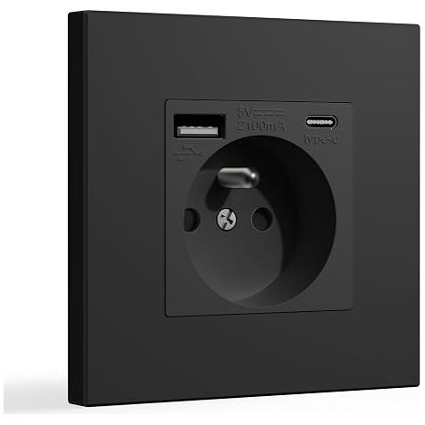 Wall Socket with USB and 1 Type C, 16A AC Power Socket with Plastic Panel, Wall Socket (Max 2.1A), Suitable for Smartphone, Tablet (1 Socket with USB and Type C, Black) (1/5)