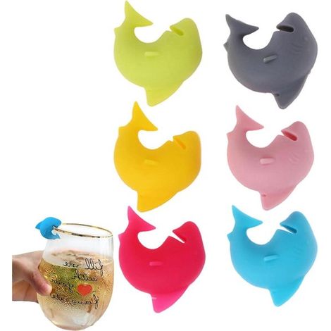 Marcadores de vasos - Perchas de silicona - Ideales para fiestas - Diseño único con forma de tiburón - Juego de 6 - Multicolor (1/5)