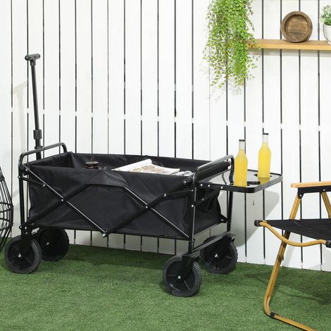Klappbarer Gartenwagen mit 4 Rädern, abnehmbarer Plane, Teleskopgriff, verstellbarer Neigung, klappbarer Ablage, Schwarz