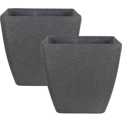 Set di 2 Vasi da Fiori Grigio Scuro Rettangolare Pietre e Poliresina 34 x 34 cm Zeli