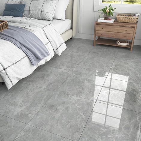 Dalle PVC Adhésive Sol Marbre Gris 30cm x 30cm pour Salon Cuisine Lino Crédence Salle De Bain, 4 Pièces Carrelage Autocollant Gris (1/5)