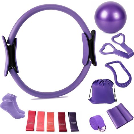 Kit Pilates pour la maison, kit débutant de 13 pièces avec balle de yoga de 25 cm, cercle magique de 35 cm, 5 bandes de résistance, chaussettes de yoga, disques glissants, anneau de Pilates (1/5)