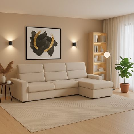 Sofá Fijo con Chaise Longue Vigonovo, Desenfundable, Reversible Hecho en Italia, Impermeable Multiposición, 280x160 cm Beige (1/5)