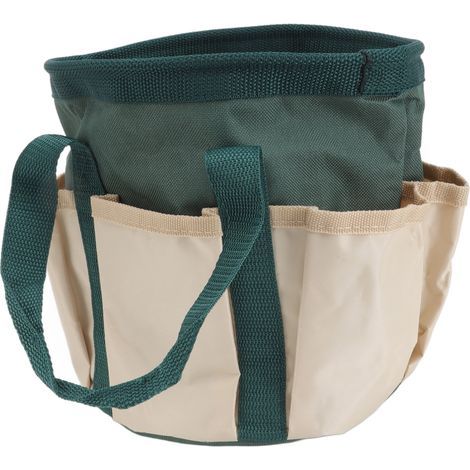 Runde Gartengerätetasche mit 6 Fächern aus Oxford-Gewebe, grün und cremefarben, für Gärtnerinnen und Gärtner. (1/5)