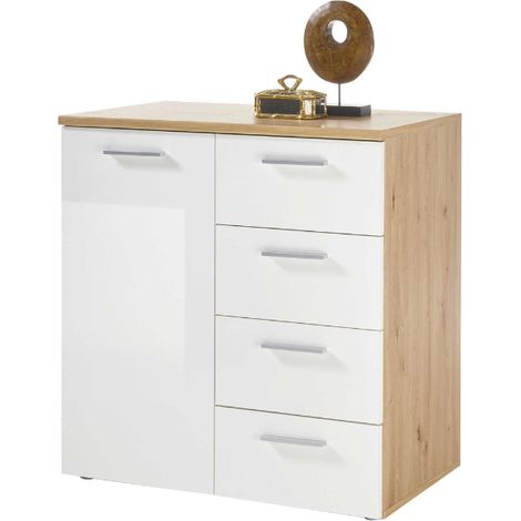Commode Lobi 1 porte 4 tiroirs - blanc brillant/bois