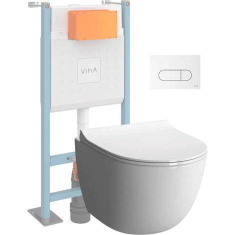 Pack WC suspendu VITRA Sento blanc + bâti autoportant V-Fix Core + Plaque Round Blanche