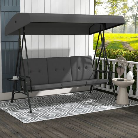 Balancelle de jardin 3 places grand confort inclinaison toit réglable. 2 tablettes latérales. coussins. acier polyester