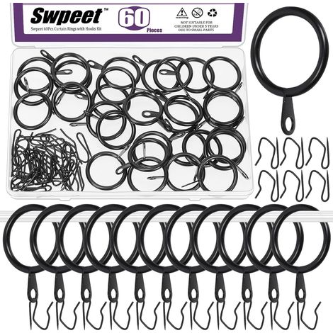60Pcs 25mm/1" Diamètre intérieur Bague de Rideau en métal Noir avec Pin-on Drapery Crochets Kit d'assortiment, Drape Coulissant Eyelet Bague métal, pour Rideau de Douche de Porte de fenêtre (1/5)