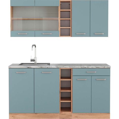 Cuisine R-Line, Bleu-gris/chêne doré, 160 cm , PT Marbre, Vicco