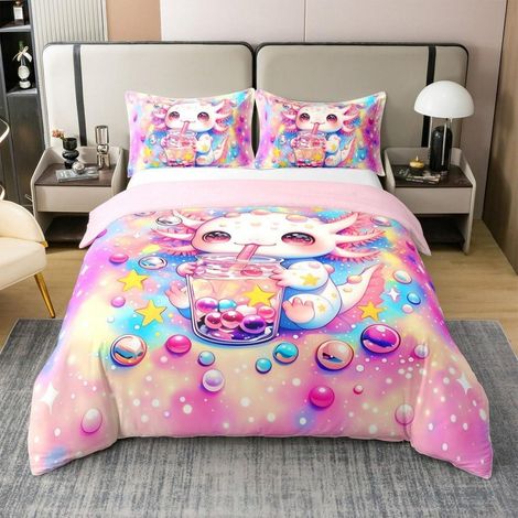 Bettwäscheset 200x200 cm mit Axolotl Motiv, 100% Baumwolle, Kawaii Regenbogen Design