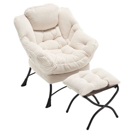 Fauteuil blanc avec ottoman, accoudoirs et poche latérale, petit espace (1/5)