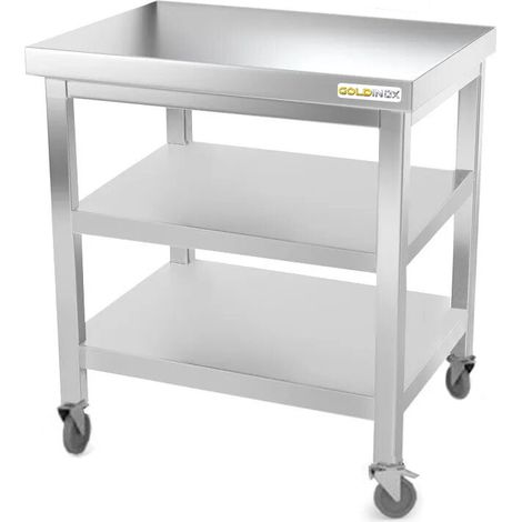 Table de travail en inox 700 x 700 mm avec 2 étagères sur roulettes PREMIUM - GOLDINOX (1/4)