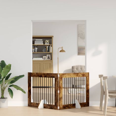 vidaXL Puerta para perros plegable con soportes 2 uds. Roble Ahumado (1/5)
