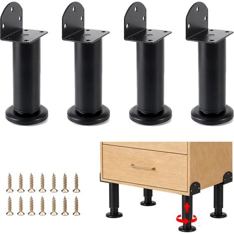 Pieds de Meuble Réglables en Métal Noir, Forme en L, Fixation Latérale et sous Le Meuble, Hauteur Réglable 12–18 cm, pour Armoire, Placard de Cuisine, Commode – Lot de 4 (1/5)