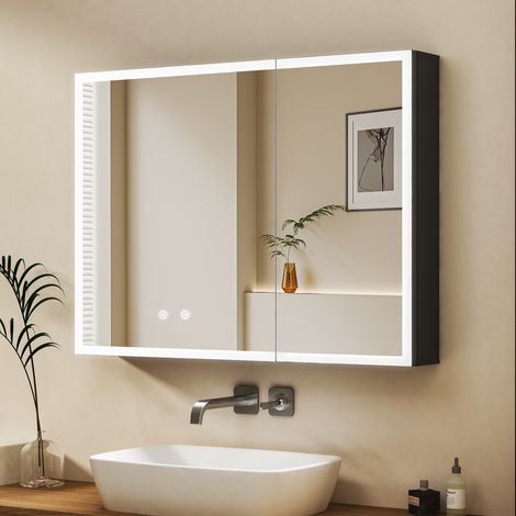 Spiegelschrank Bad mit Beleuchtung 80x60cm, LED Spiegelschrank Bad-Hängeschränke Badezimmer Spiegelschrank mit Touch-Schalter, 3 Einstellbare Lichtfarben, Beschlagfrei (1/5)