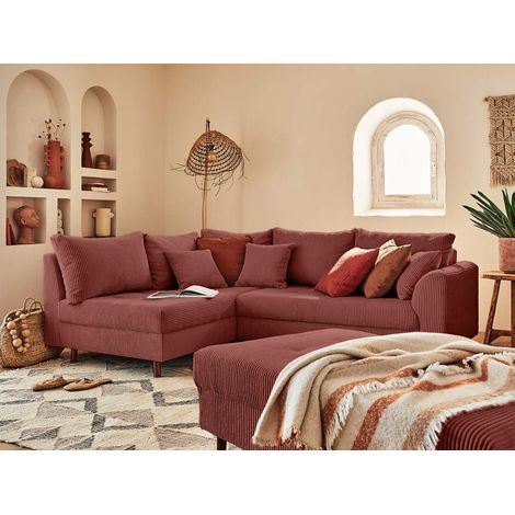 Rune – ecksofa links – 4-sitzer – mit hocker – aus cord - terrakotta