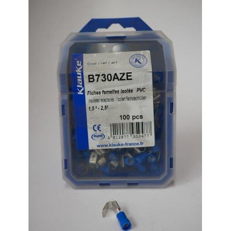 Cosse fiche plate femelle bleue (boîte de 100) pour conducteur de sections 1,5 à 2,5mm² KLAUKE