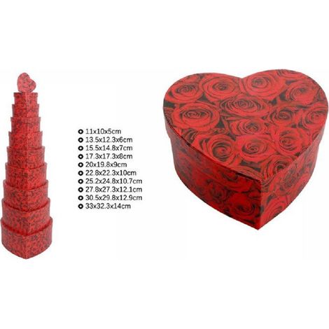 TrAdE Shop Traesio - Set 10 Pz Scatole Box Regali Varie Misure Matrioska Forma Cuore Rose Rosse 71967 -