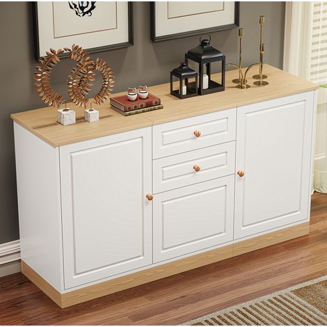 REDOM - Aparador 135.5x39x76 cm, 3 puertas y 2 cajones, estantes regulables, tablero de partículas blanco y madera (1/5)