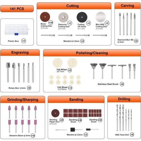 NALOOKAMIC 141Pcs Accessoires pour Outils Rotatifs avec 3mm Mandrin/Universels Découpage/Polissage/Perçage/Meulage/Gravure Accessoires (1/4)